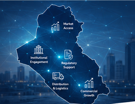 Iraq healthcare market access network showing market access, institutional engagement, regulatory support, distribution and logistics, and commercial growth